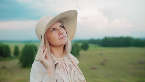 business woman standing outdoors holding her sun hat while looking up thoughtfully, background features vast open landscape with greenery, distant trees, and a clear sky