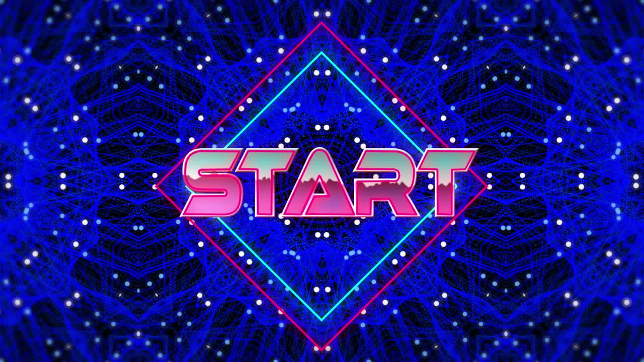 카레이도스코픽 움직이는 모양 위의 시작 텍스트의 애니메이션