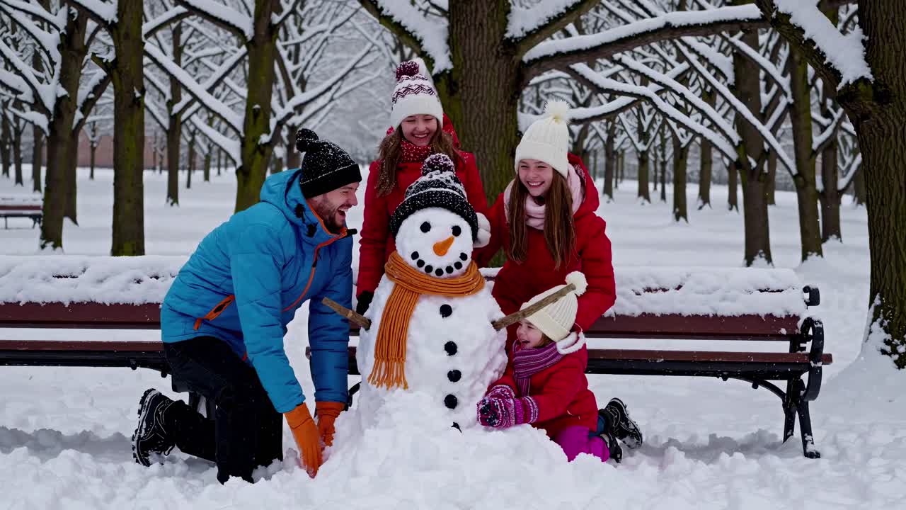 Family builds a snowman in a snowy park, captured from a low angle