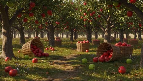 a picturesque apple orchard scene with lush trees, abundant red fruits, and handwoven baskets, capturing the beauty of harvest season in a sunlit atmosphere