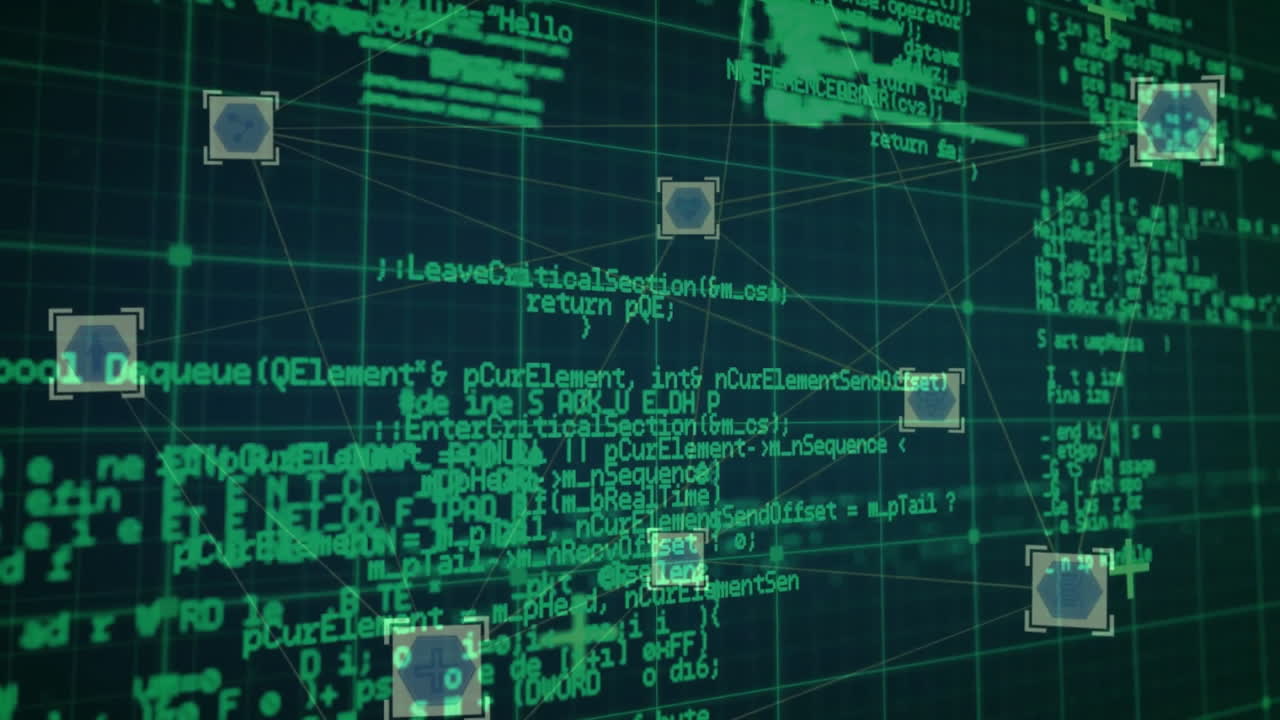 Digital network visualization flowing across teal green grid, connecting glowing hexagonal nodes