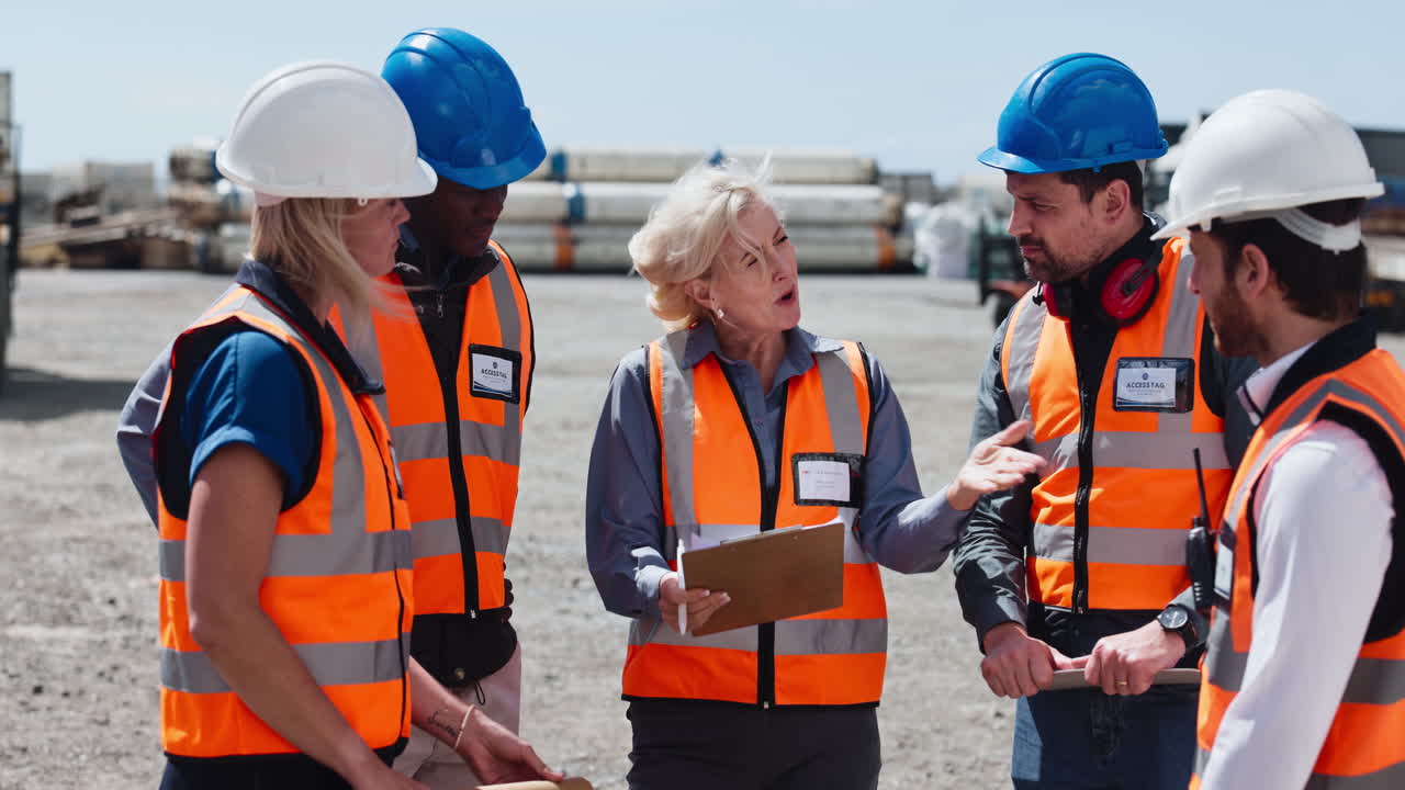 Diverse Construction Team Discussing Project at Industrial Site