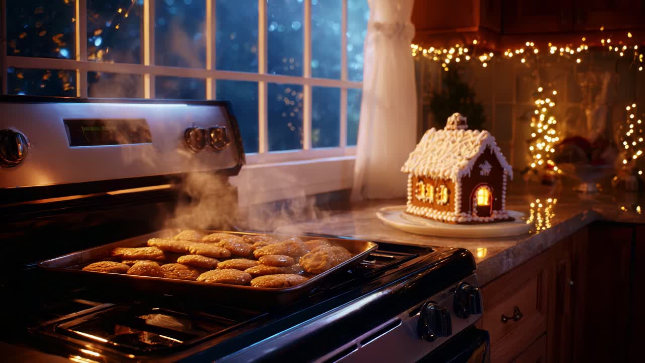 A Cozy Winter Evening with Freshly Baked Cookies in the Oven and a Beautifully Decorated Gingerbread House on Display, Surrounded by Warm Holiday Lights and a Frosty Window View