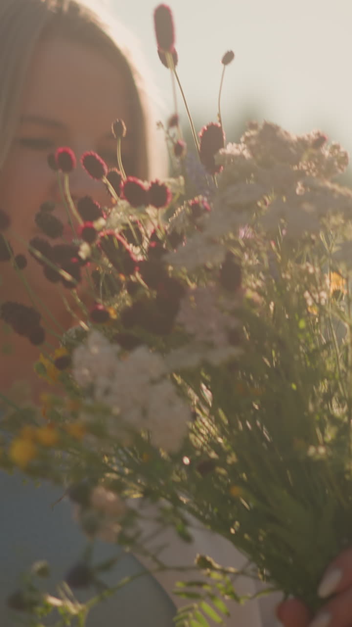 mujer sosteniendo un hermoso ramo de flores silvestres mientras las huele suavemente en el campo iluminado por el sol, el fondo presenta tonos dorados cálidos y vegetación distante