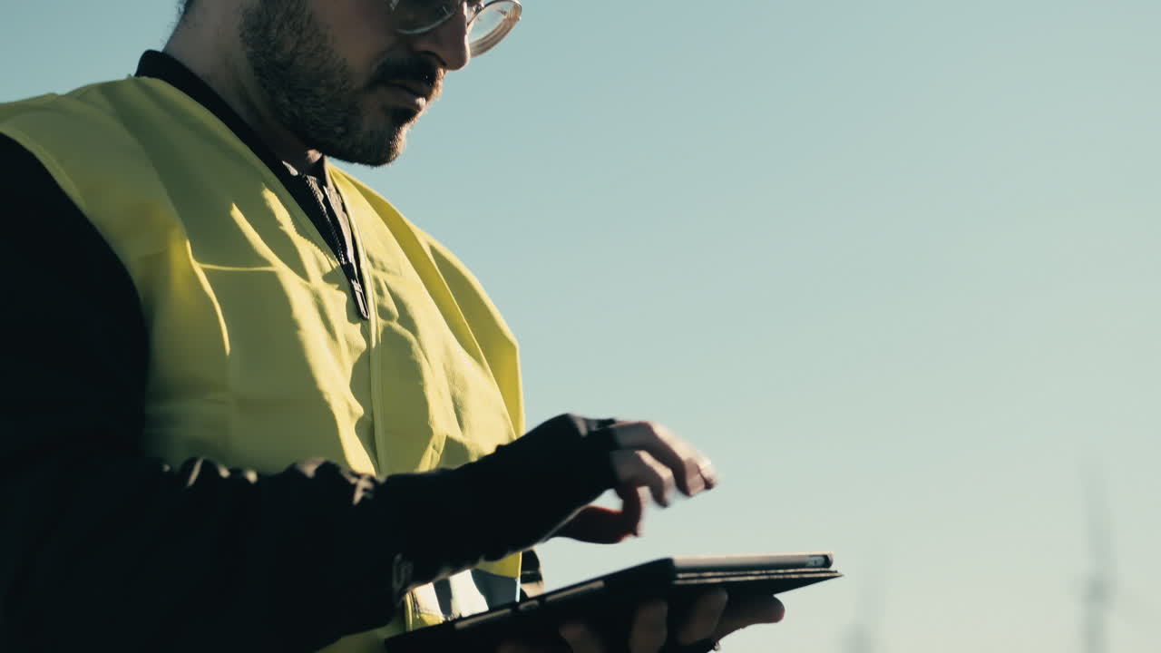 avanzando en la energía sostenible, un ingeniero profesional con casco blanco y chaleco reflectante usa una tableta para auditar turbinas eólicas en un día soleado en un campo de generadores de energía limpia