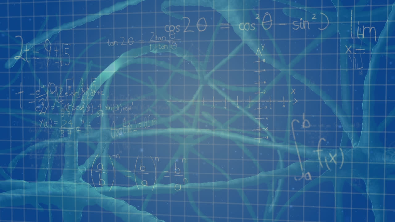 검은색 배경에 디지털 뉴런을 통해 수학적 방정식의 애니메이션