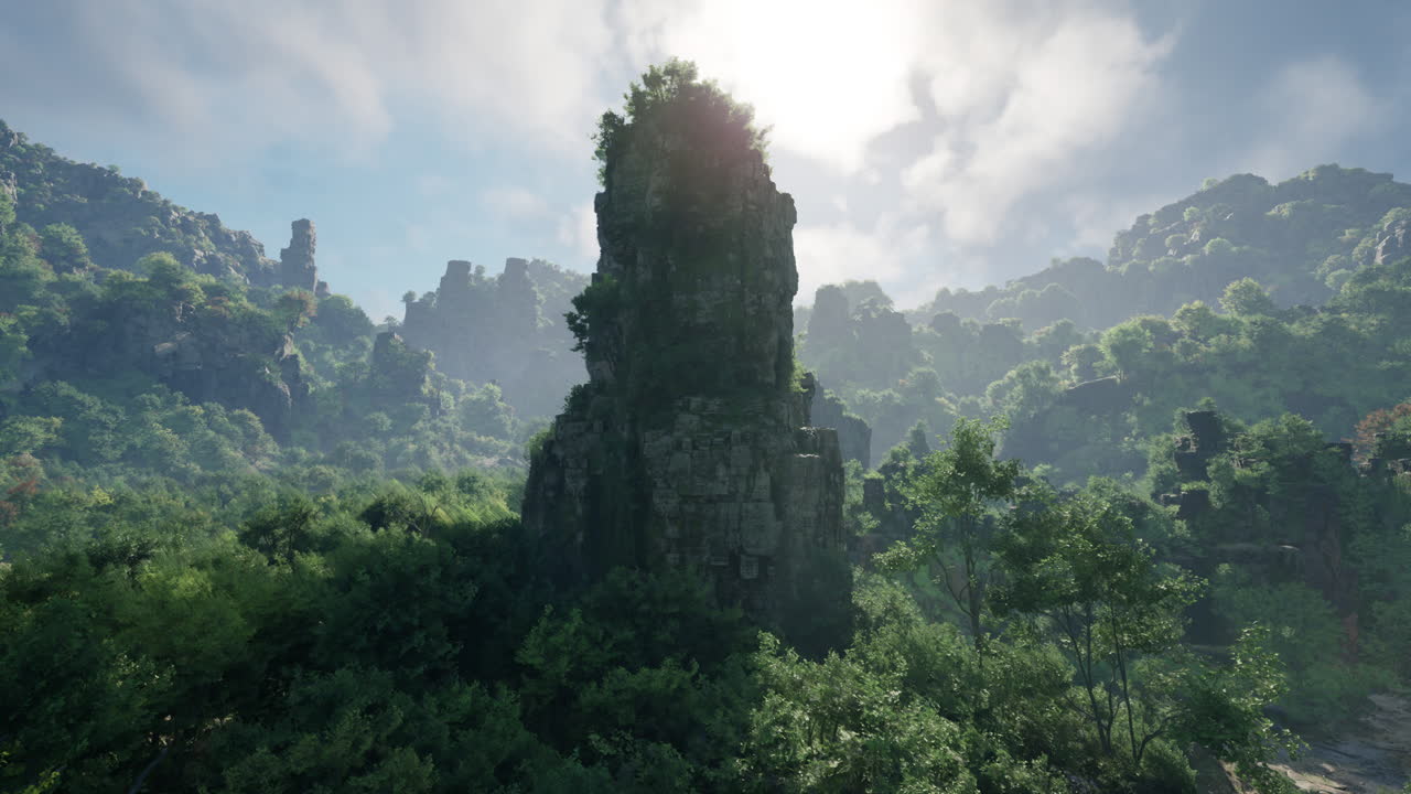 울창 한 초록 숲 에 있는 높고 바위 가 많은 산꼭대기