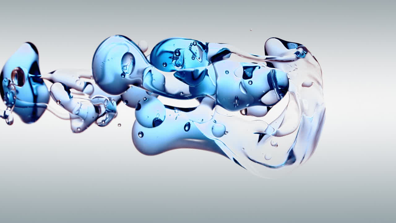 흰색 그라데이션 배경에 투명한 파란색 오일 거품과 유체 모양