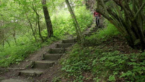 man walking down steps in the forest with a backpack on a tripod on the side