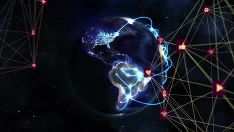 animation of network of connections with icons over globe