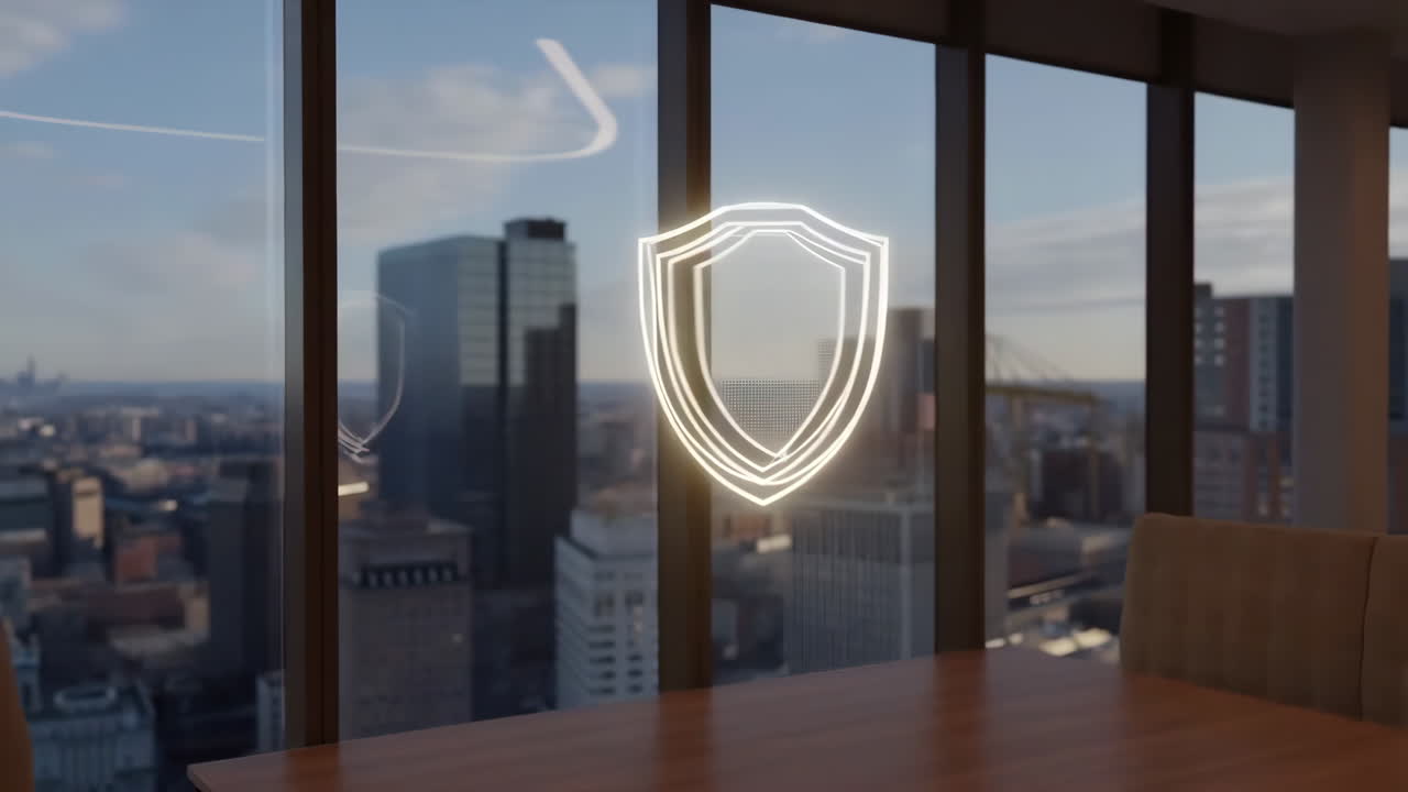 Digital Security Shield in Modern Office with City View