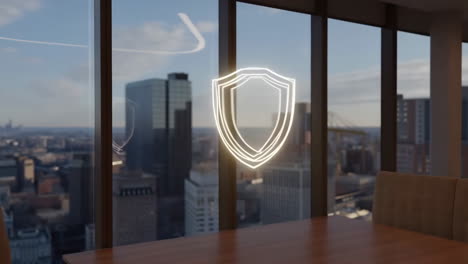 digital security shield in modern office with city view