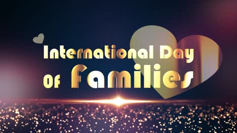 international day of families title design background concept. 4k 3d illustration seamless loop animation of international day of families golden text word and heart shape with beautiful light leak.