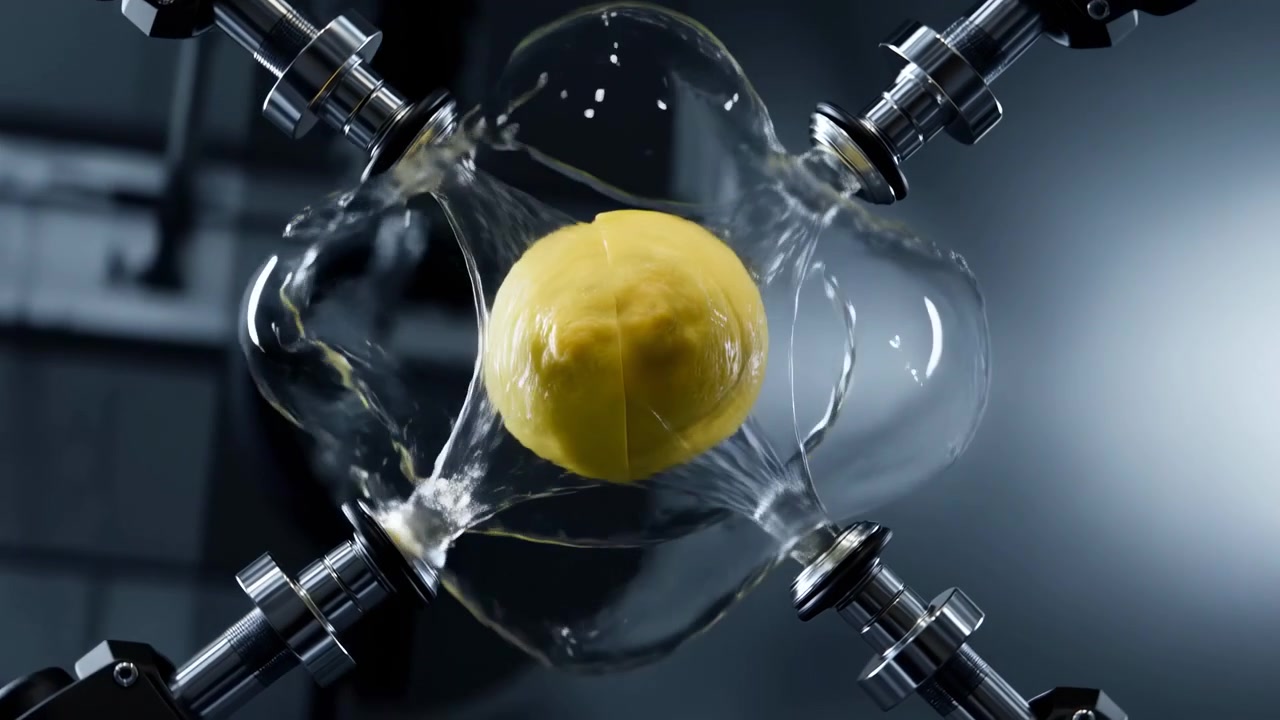 Bright lemon sits centered as four chrome robotic grippers press inward from diagonal sides, splitting peel and revealing flowing juice during precise industrial laboratory testing with glossy