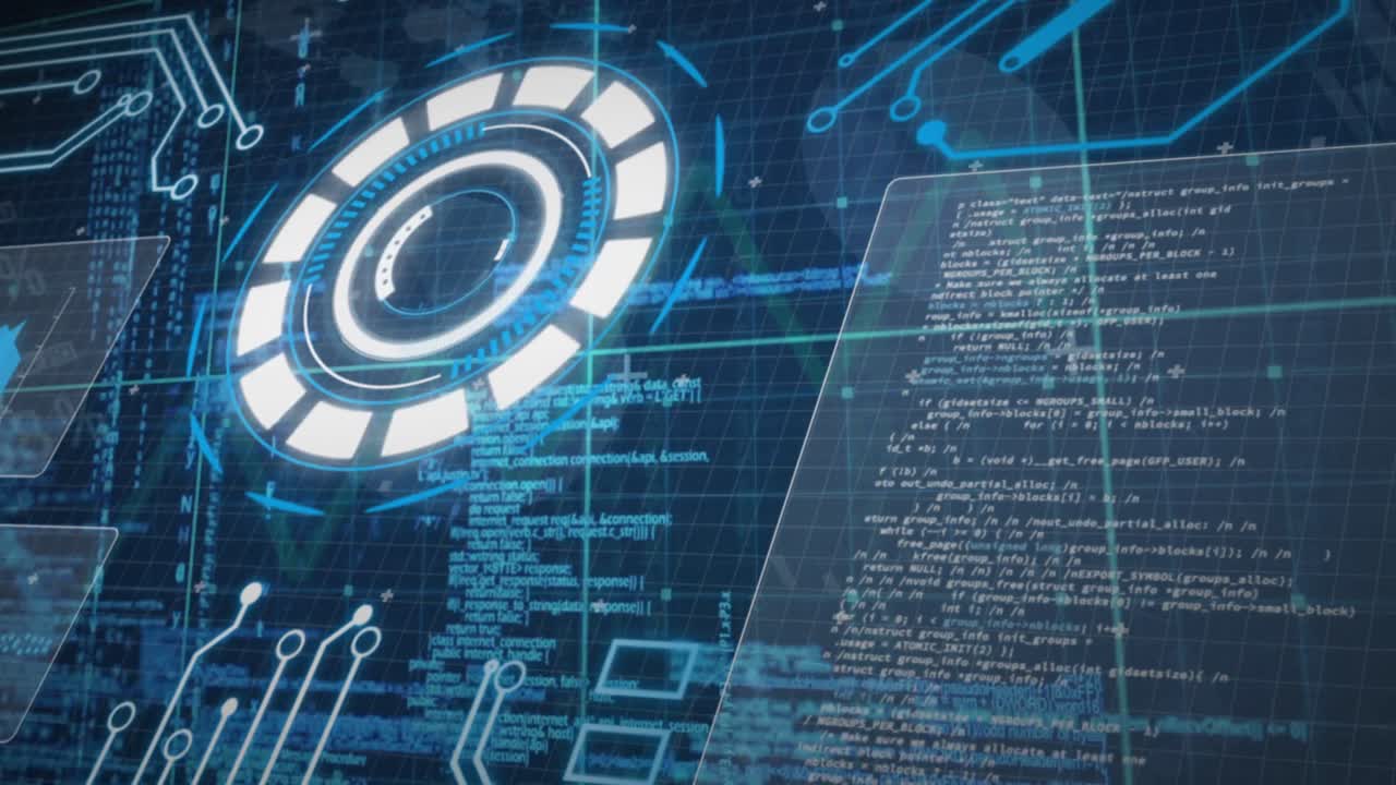 둥근 스캐너, 데이터 처리 및 마이크로프로세서 연결과의 인터페이스의 애니메이션