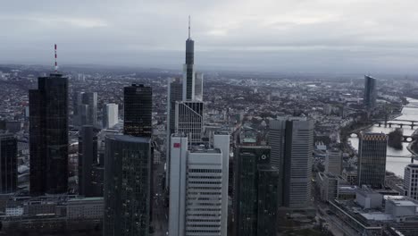 aerial panoramic shot of group of skyscrapers towering above city. tall modern office buildings. frankfurt am main, germany