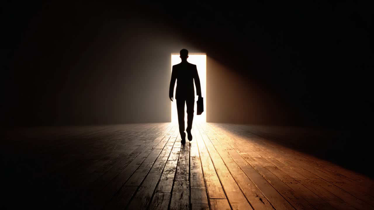 A Journey from Darkness to Light: A Figure Walking Through an Open Doorway, Symbolizing New Beginnings and Opportunities in a Dimly Lit Space
