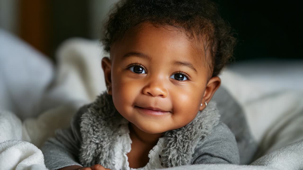 A delightful baby girl with expressive eyes and a joyful smile, nestled comfortably in soft blankets, radiating warmth and happiness. Captured moments of innocence and pure joy showcase her charming personality