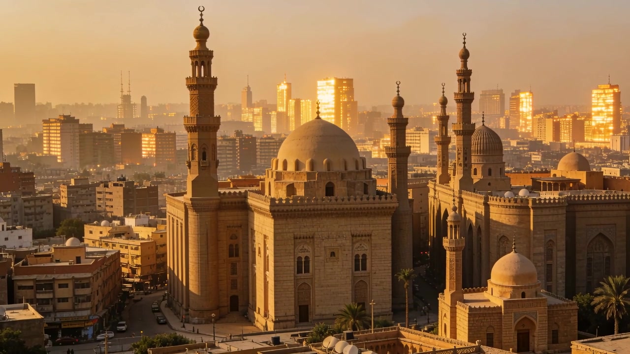 Reagendo alla luce solare, drone in panoramica che riprende una moschea dal tetto, i riflessi dello skyline si illuminano.
