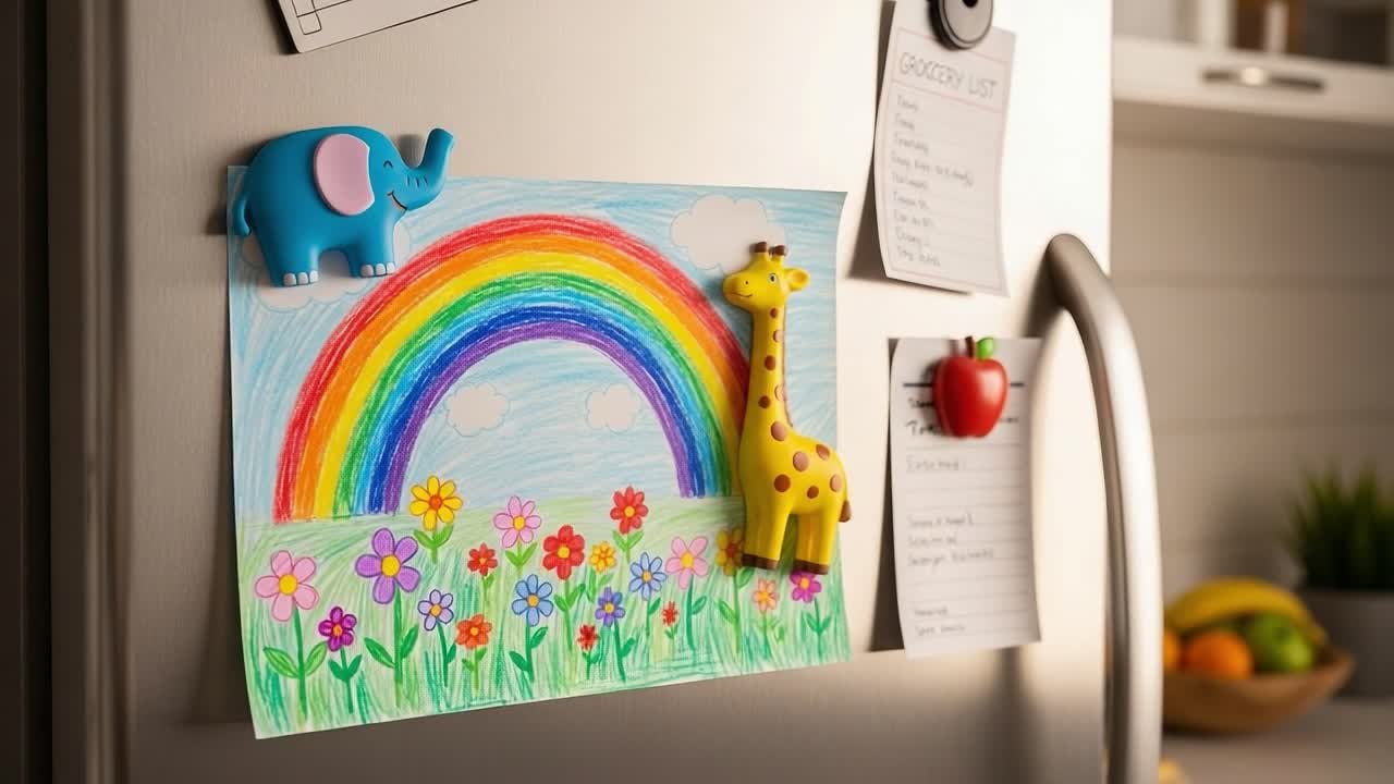 Bright and Colorful Child's Drawing of a Rainbow and Animals Decorates the Refrigerator, Adding a Touch of Whimsy to a Cozy Kitchen Setting