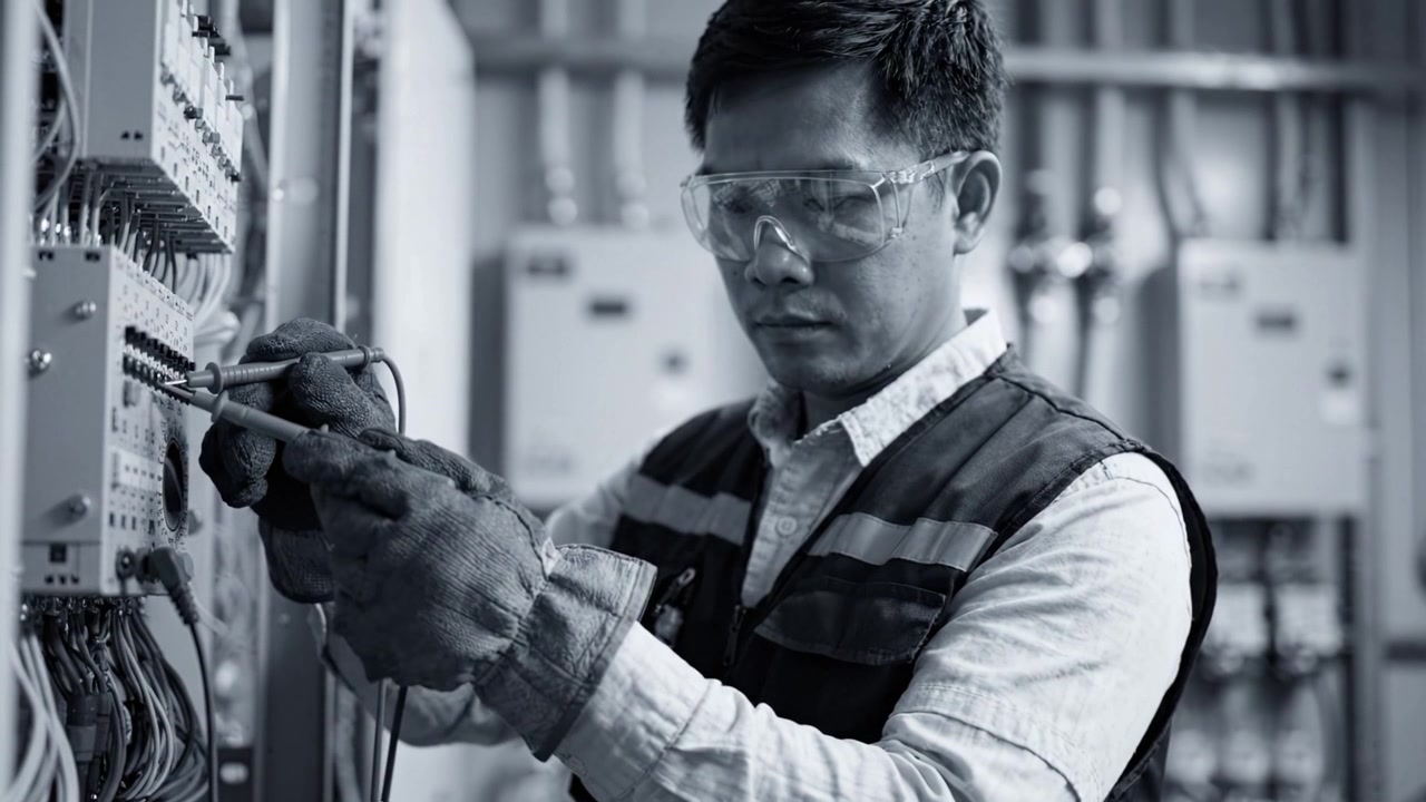 Electrician Working Diligently on Circuit Board Connections in a Commercial Setting with Safety Gear, Focusing on Quality and Precision for Electrical Tasks