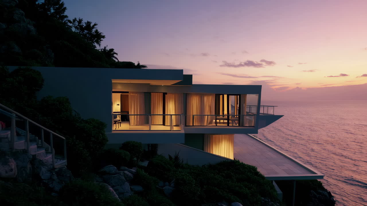Luxury Modern Oceanfront Villa at Sunset | Premium Stock Video Footage