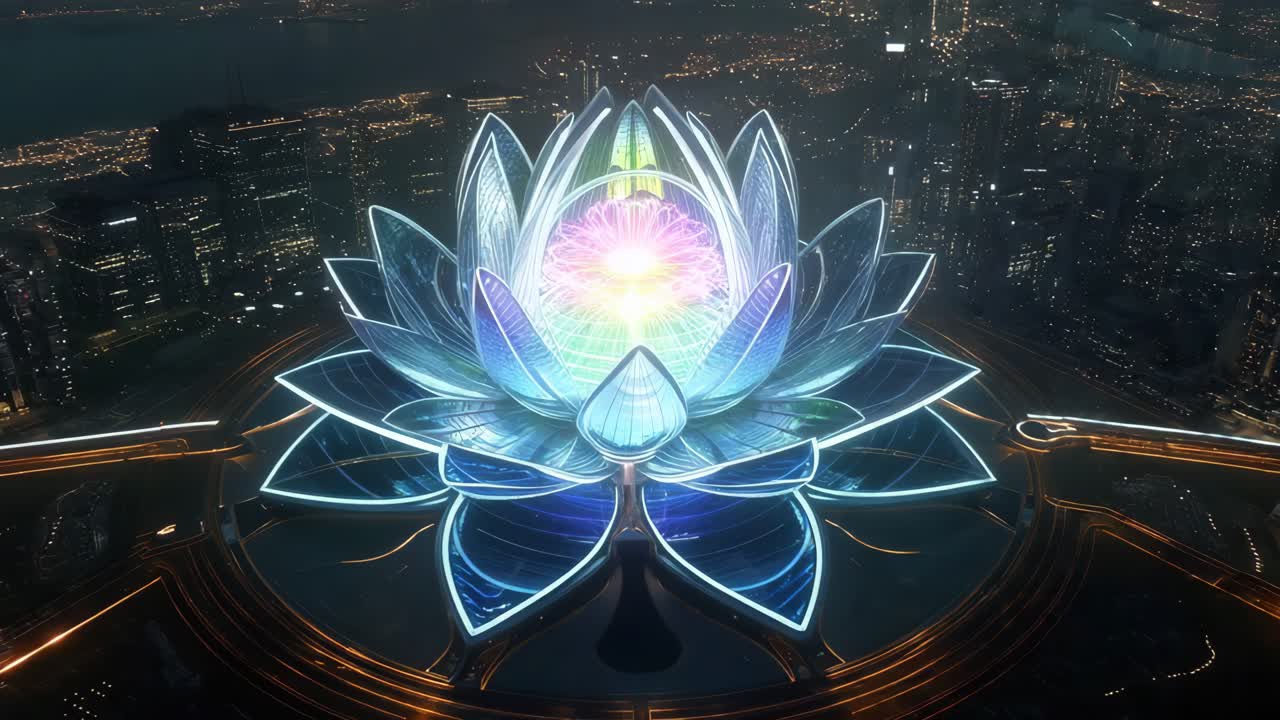 estructura de la flor de loto por la noche sobre la ciudad