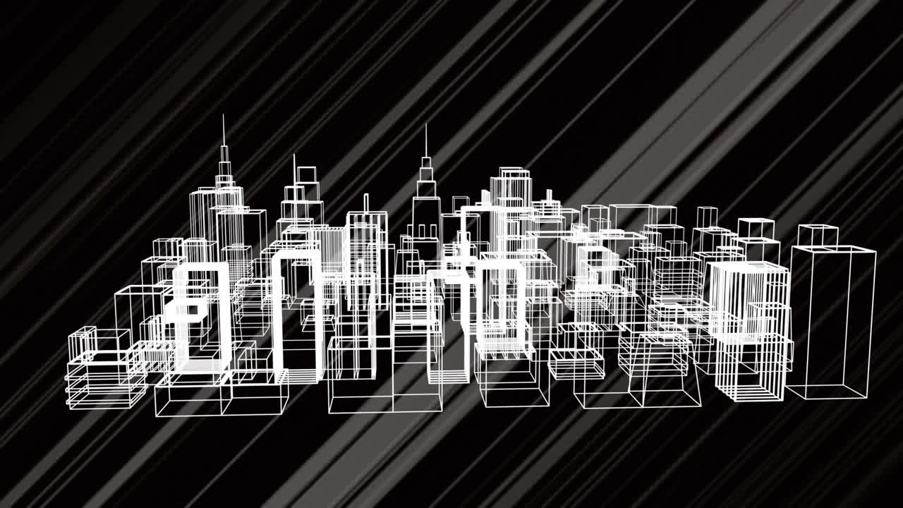 Animation of a 3D city model rotating on black background