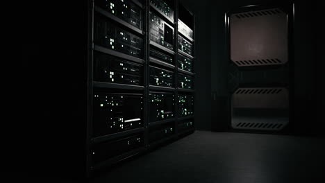 dark server room with futuristic door