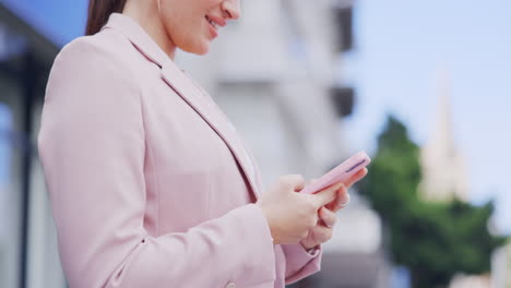 phone, hands and city woman scroll