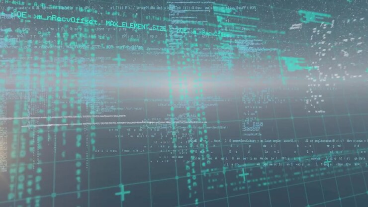 Animation of data processing and light spots over black background