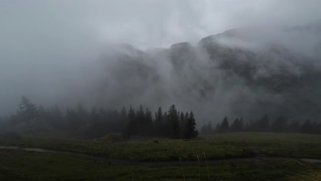 time lapse of fog going from the valley over the mountains, coniferous forest