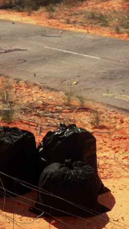 tres bolsas de basura negras se sientan junto a un camino de tierra en el interior.