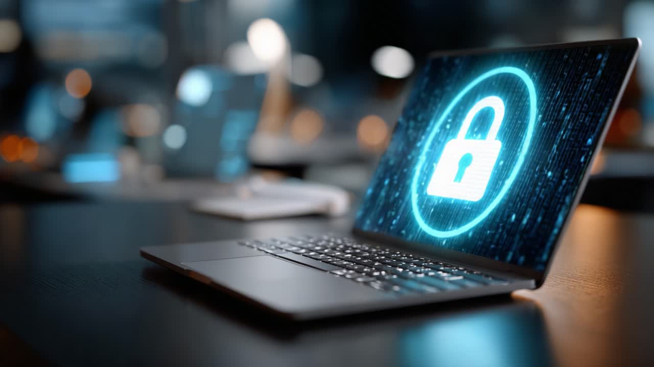 A sleek laptop sits on a modern desk, showcasing an illuminated digital padlock over a backdrop of cascading data streams, exemplifying the essence of cybersecurity and digital protection