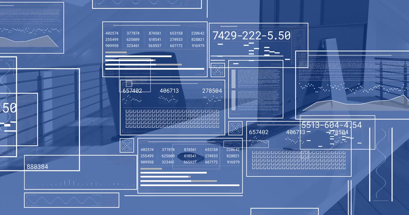 Upon start, UI overlay floating above desk balcony, animating data panels displaying metrics