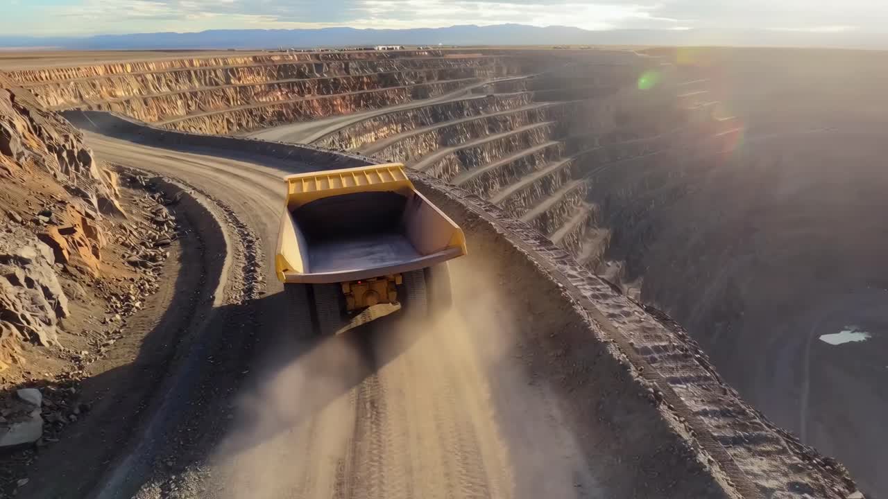 Aerial video captures a dump truck on a winding road in a vast open-pit mine at sunset