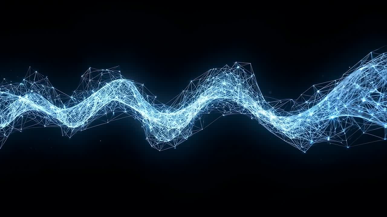 Pulsing blue mesh waveform responding to data pulse, oscillating right in digital void with nodes