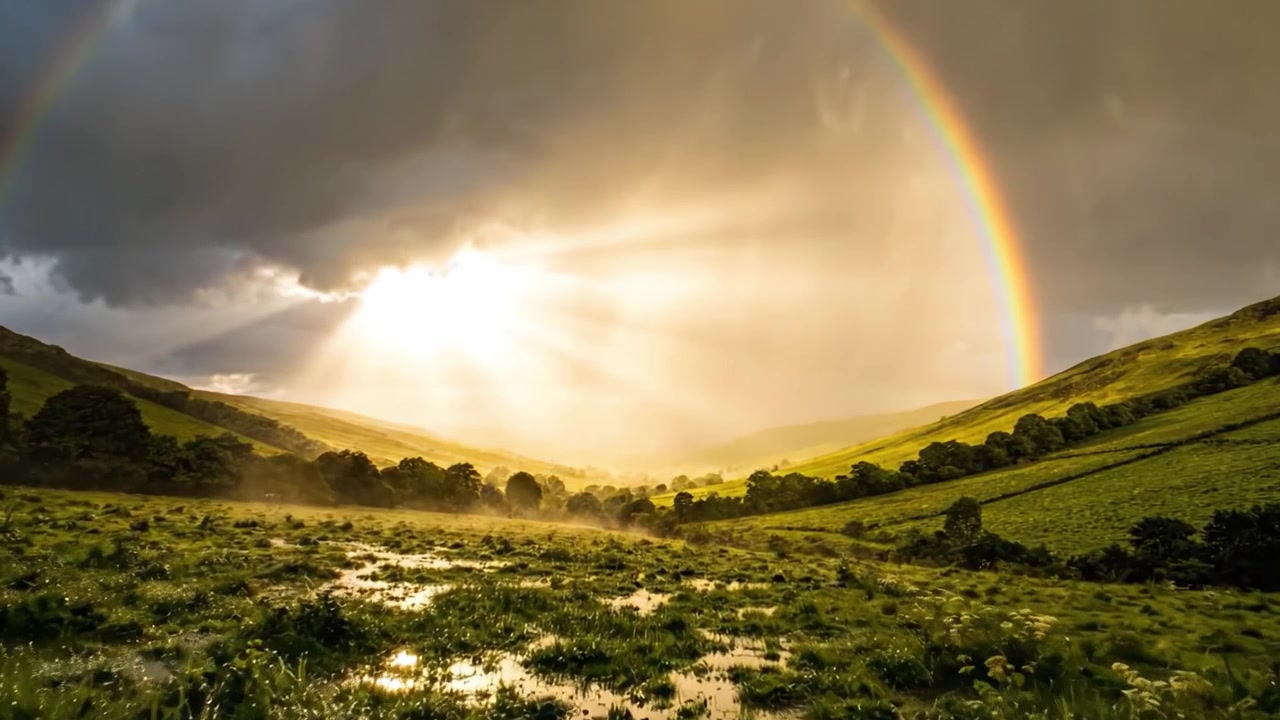 Pelangi Megah Melengkung di Atas Pemandangan yang Tenang, Bermandikan Cahaya Hangat Matahari yang Menembus Awan Hujan Gelap, Menangkap Ketenangan dan Keindahan Alam