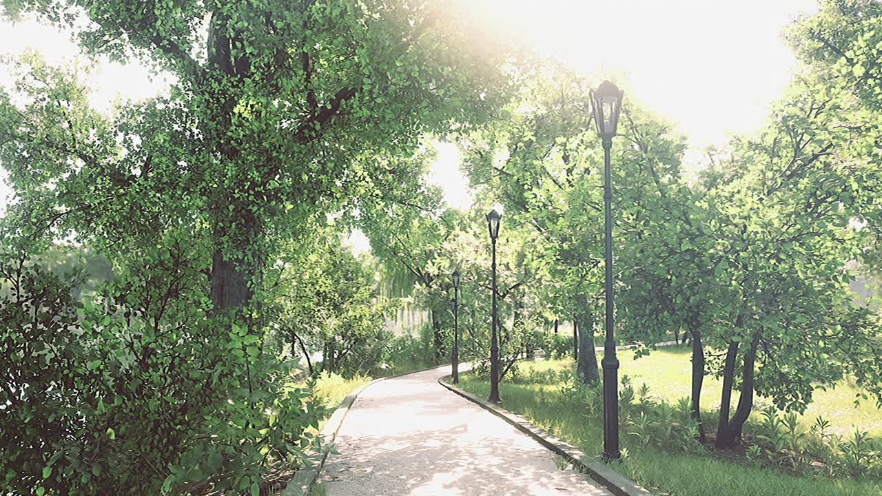 Lush greenery along a peaceful park path invites leisurely strolls in sunlight
