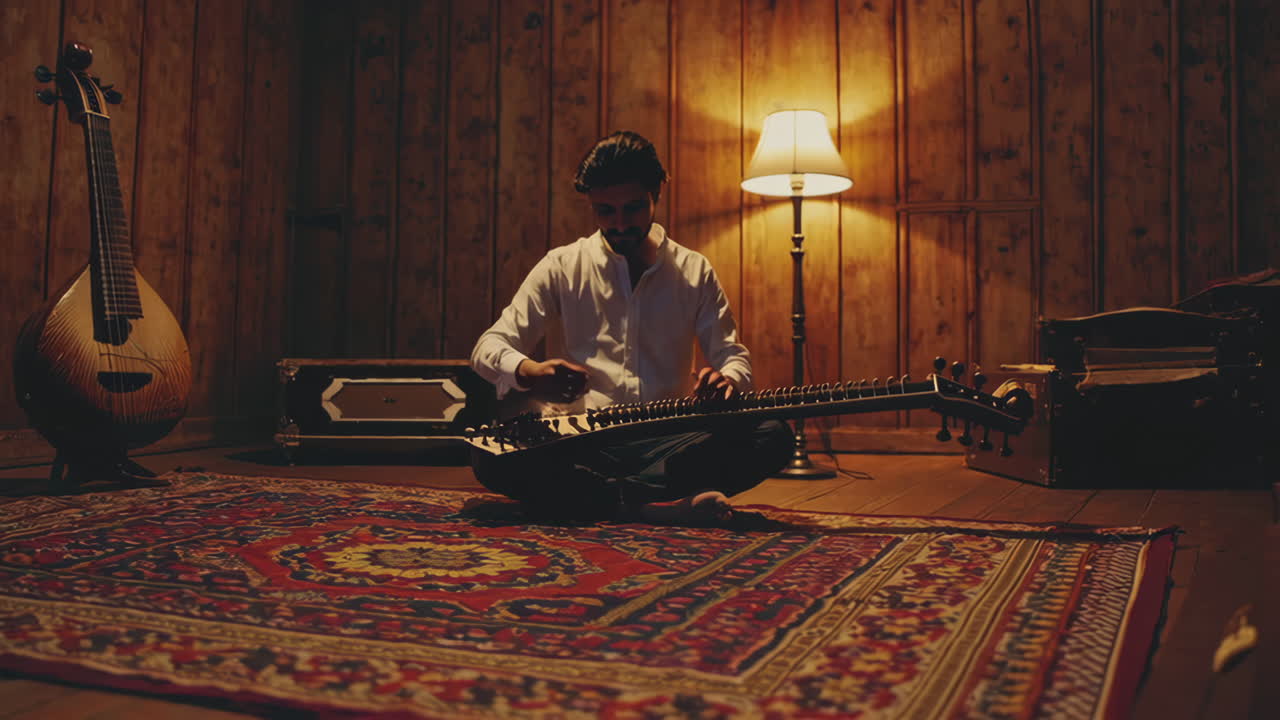 Musician playing a traditional Indian sitar in a warmly lit room
