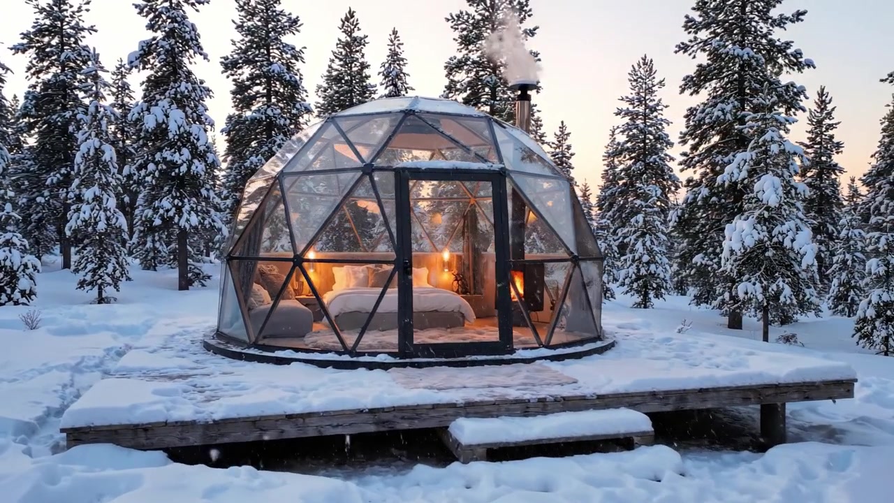 Un accogliente rifugio invernale: una cupola geodetica trasparente circondata da pini coperti di neve, che offre una fuga calda e invitante nel paese delle meraviglie invernale della natura.