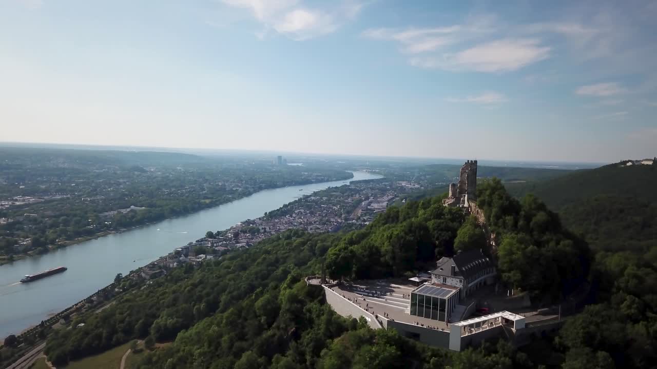 Burgruine Drachenfels in Drachenfels, overseeing Rhine River and Valley. Orbiting shot