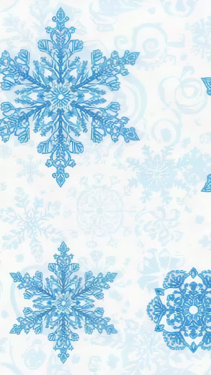 Vertical video: Drifting large blue snowflake motif moving down wall as frames shift for wallpaper