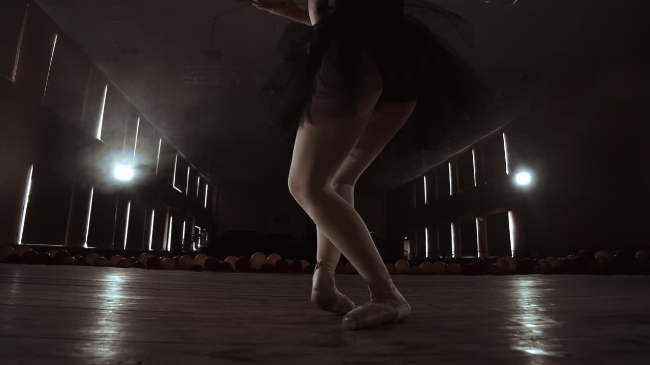 movimiento lento: primer plano de las piernas de la bailarina en las puntas y movimiento suave de la cámara a lo largo del eje vertical. retrato de una bailarina