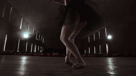 slow motion: close-up of the ballerina's legs in the pounts and smooth movement of the camera along the vertical axis. portrait of a ballerina