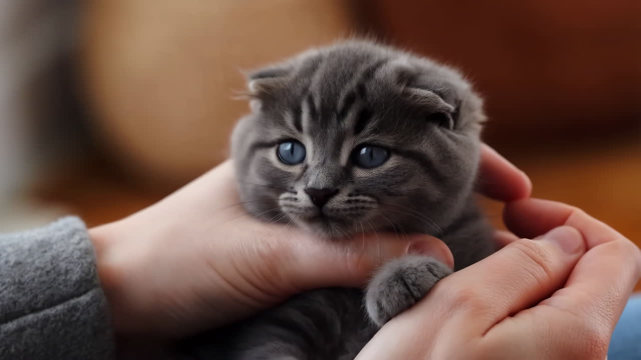 Cute grey kitten held in hands