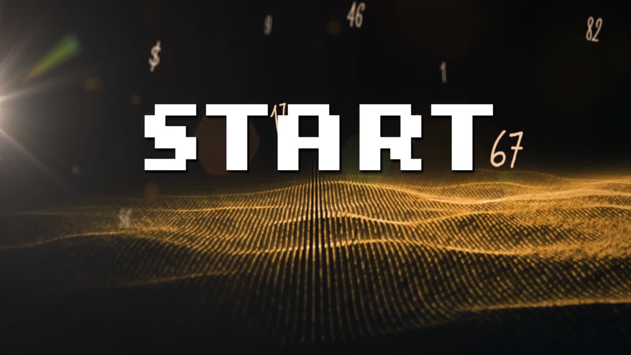 animación del texto de inicio sobre números y malla dorada que fluye