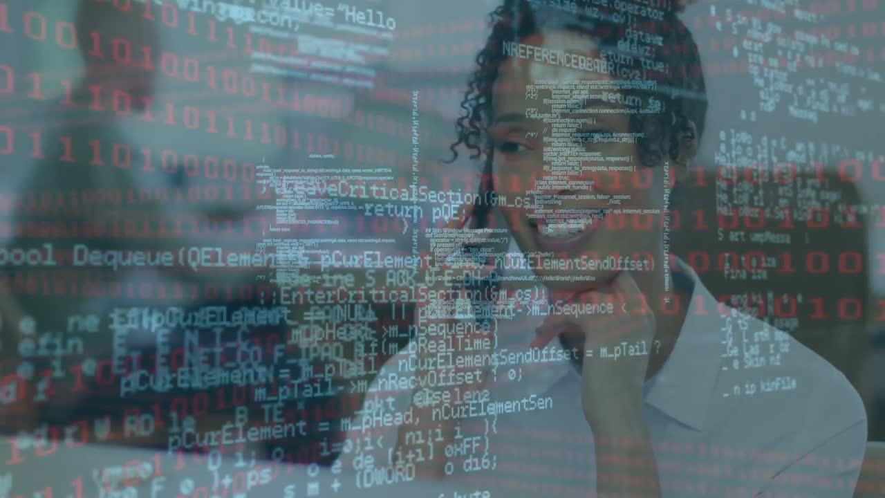 Animation of digital data processing over biracial woman using smartphone