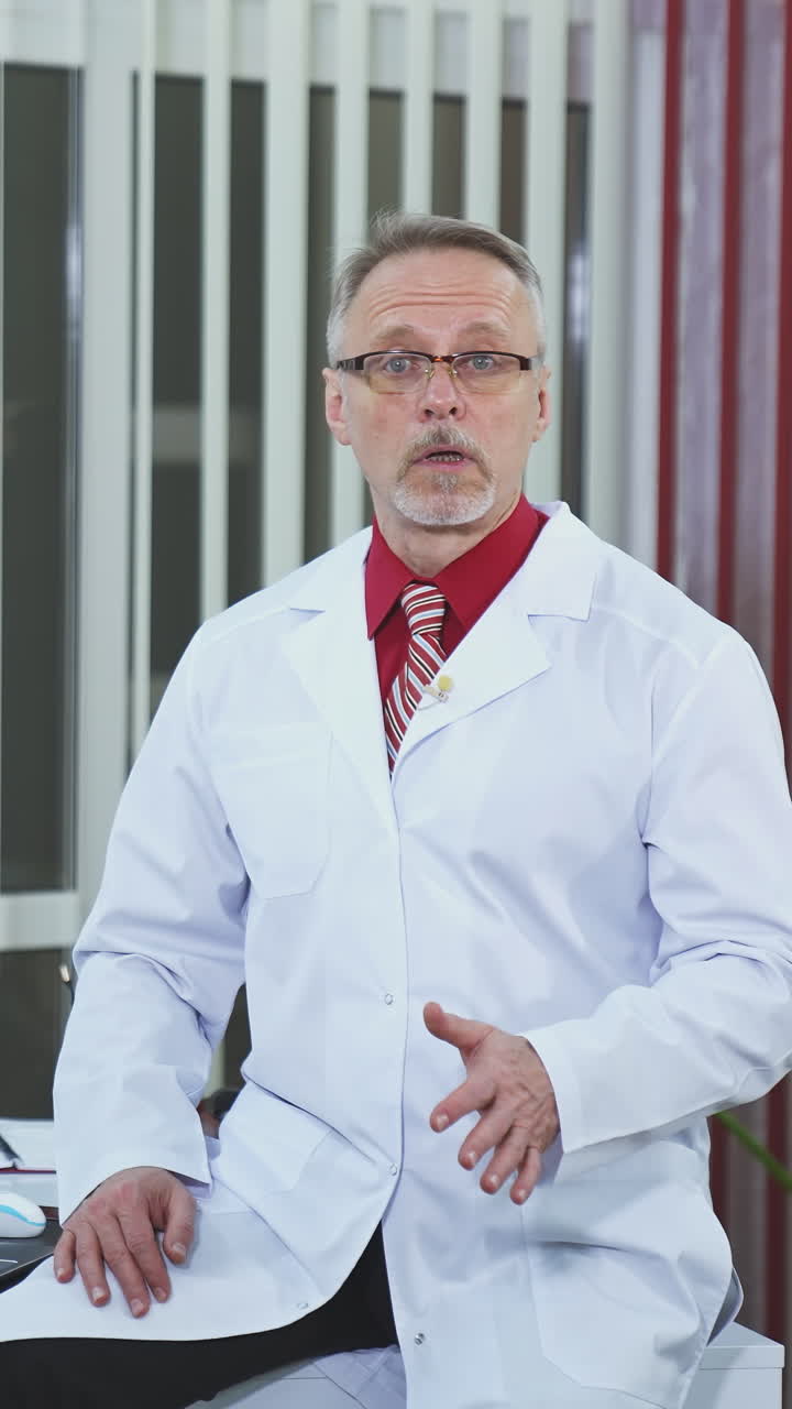 Online conference doctor looking at the camera. Frontal view of doctor talking to camera at clinic. Vertical video