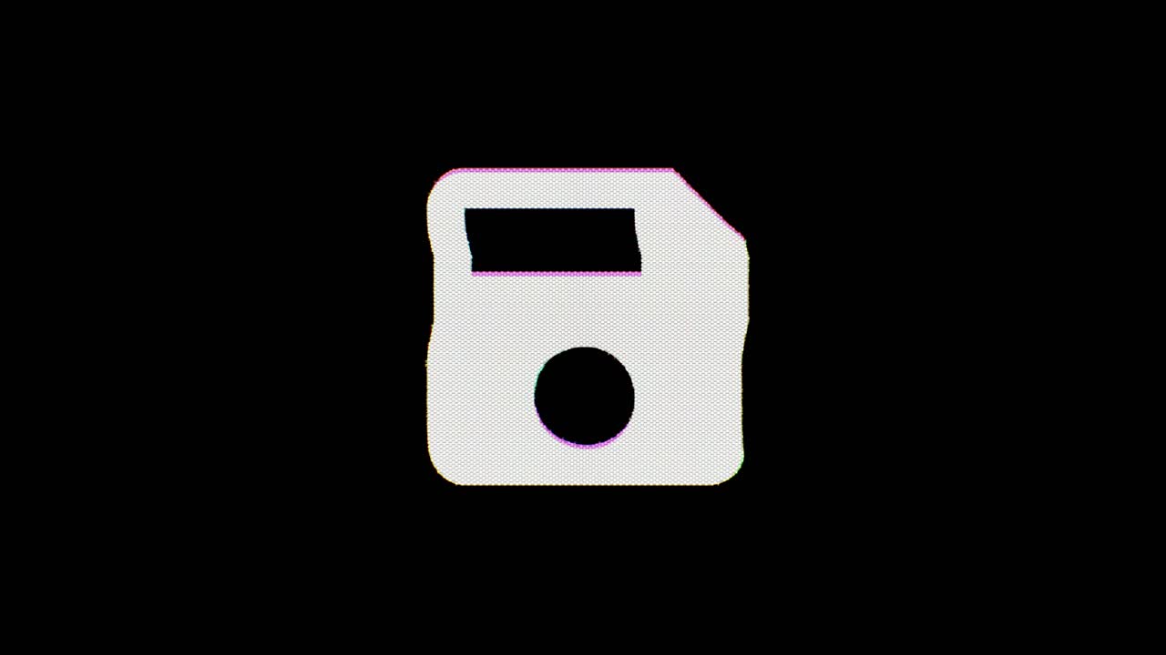 A floppy disk or save icon glitches in, wavers for a few seconds, and then glitches out